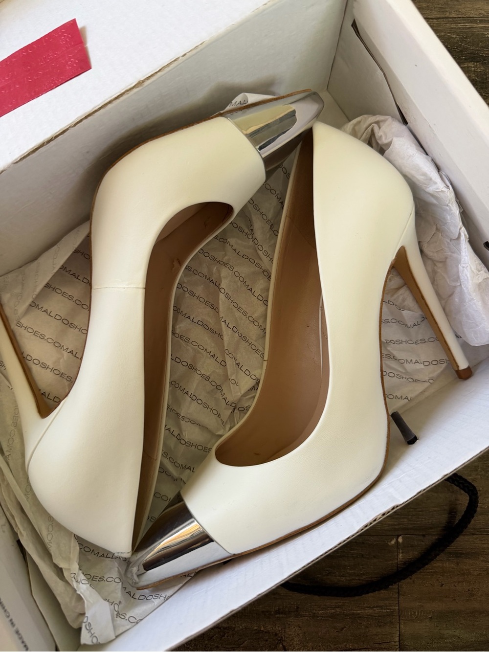 Aldo Cream Pointed-Toe Stiletto Pumps with Silver Cap Toe